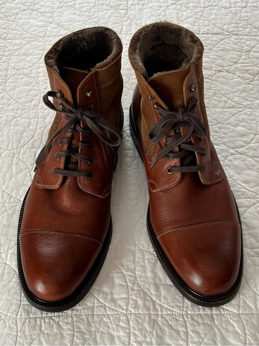 Johnston & Murphy Brown Leather & Shearling Lace-Up Boots Luxury Dressy Winter